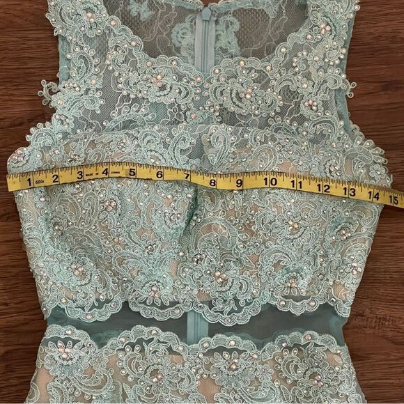 Gigi Sleeveless Mock 2 Piece All Over Lace Dress Sheer Midriff Aqua Mint Blue 00 - Picture 10 of 16